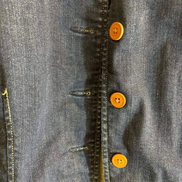 LAUREN RALPH LAUREN Sz 14 Denim Blazer Ruffle Wrist Brown Buttons Mid-Dark Wash - Picture 2 of 9